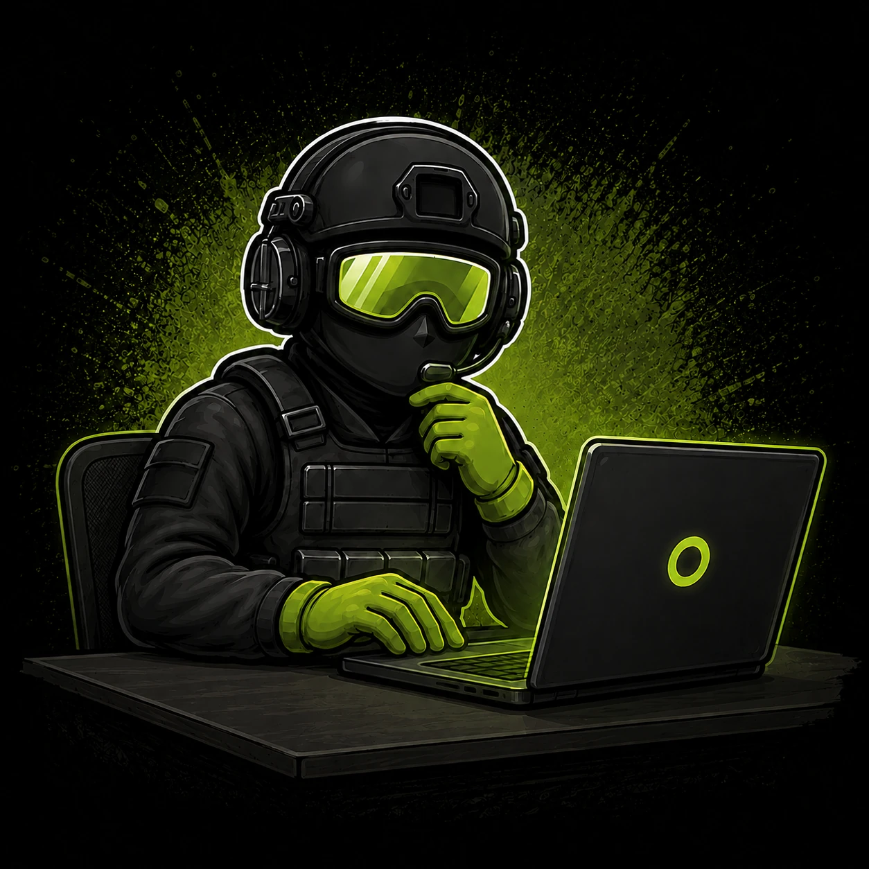 KütyüKommandó-figura laptop előtt, hibakeresés közben